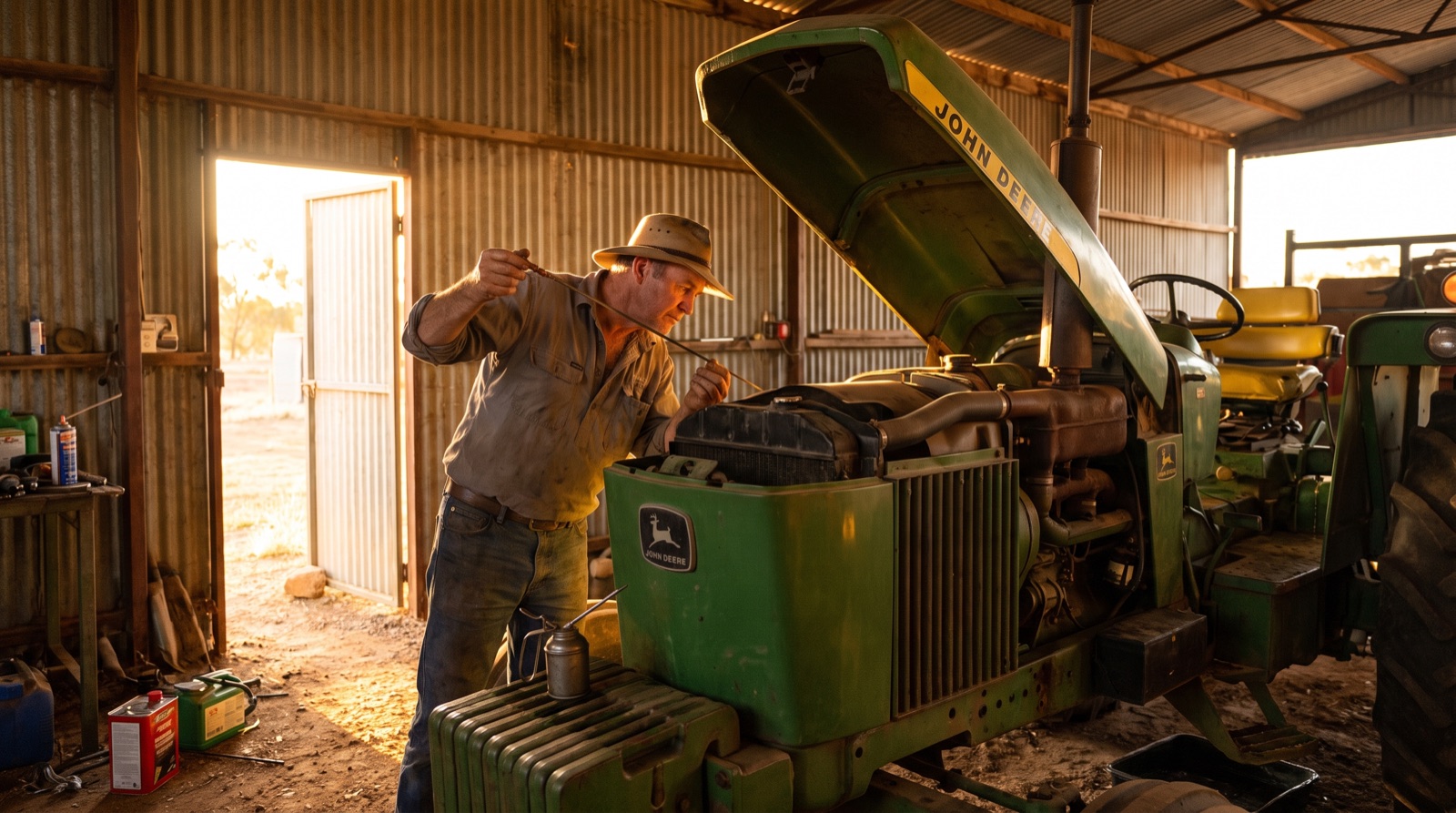 Farmer carrying out a pre-use inspection on a side-by-side utility vehicle