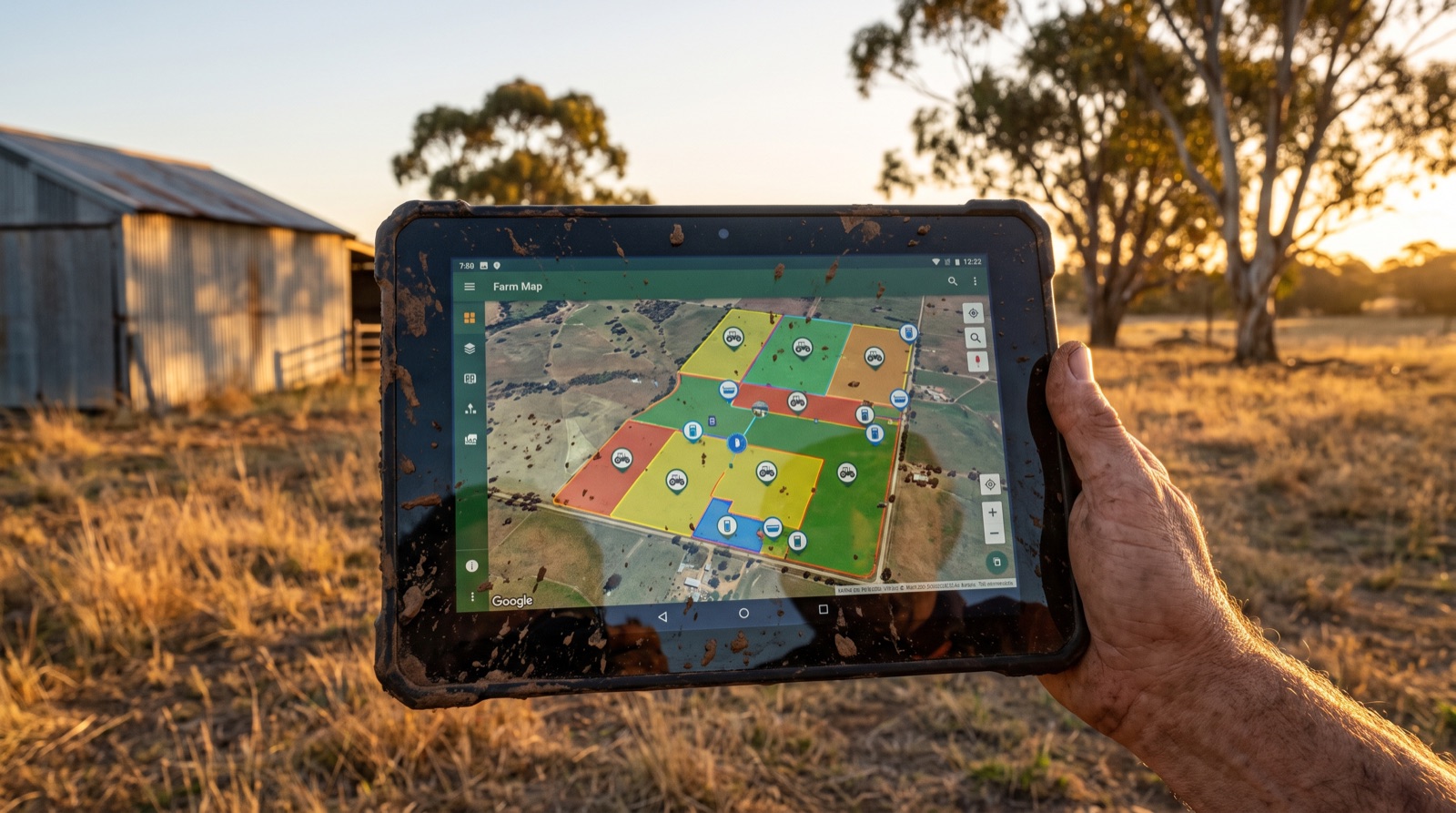 Laptop screen showing a colourful digital farm map with paddock boundaries