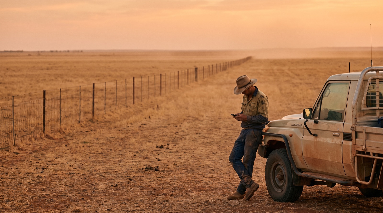 A lone farm worker in a remote paddock using a satellite communication device