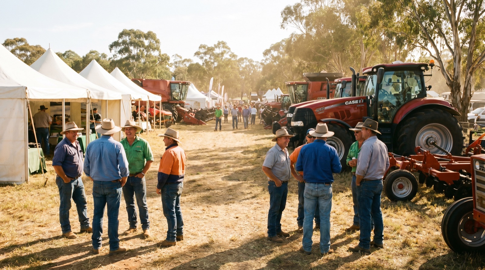 Crowd of farmers browsing machinery exhibits at an Australian agricultural field day