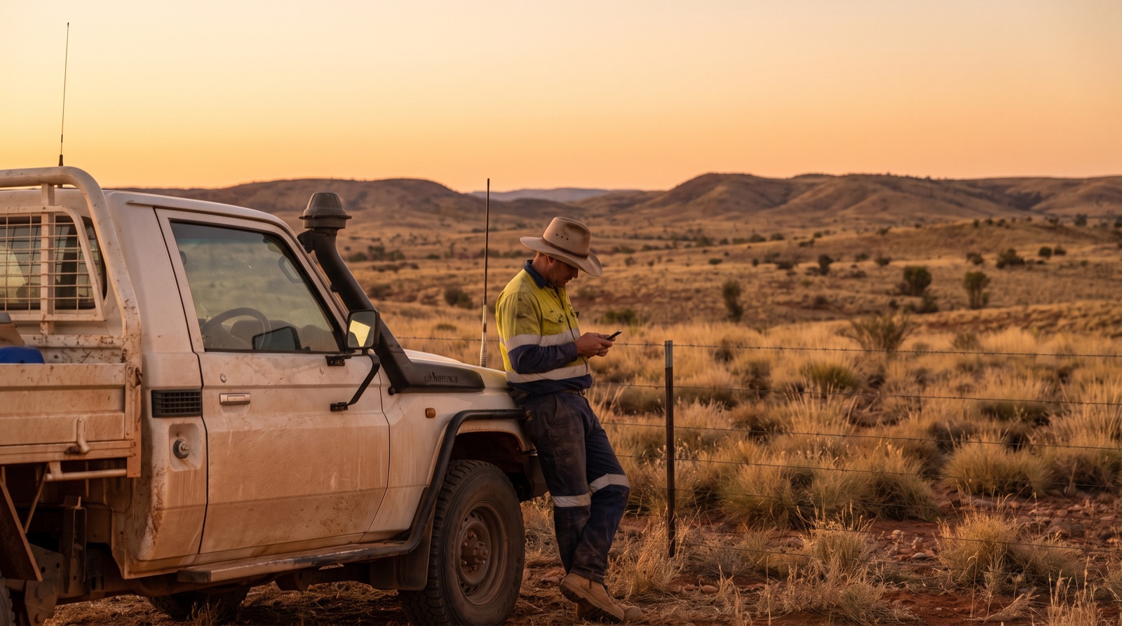 Farmer working alone in a remote paddock at dusk