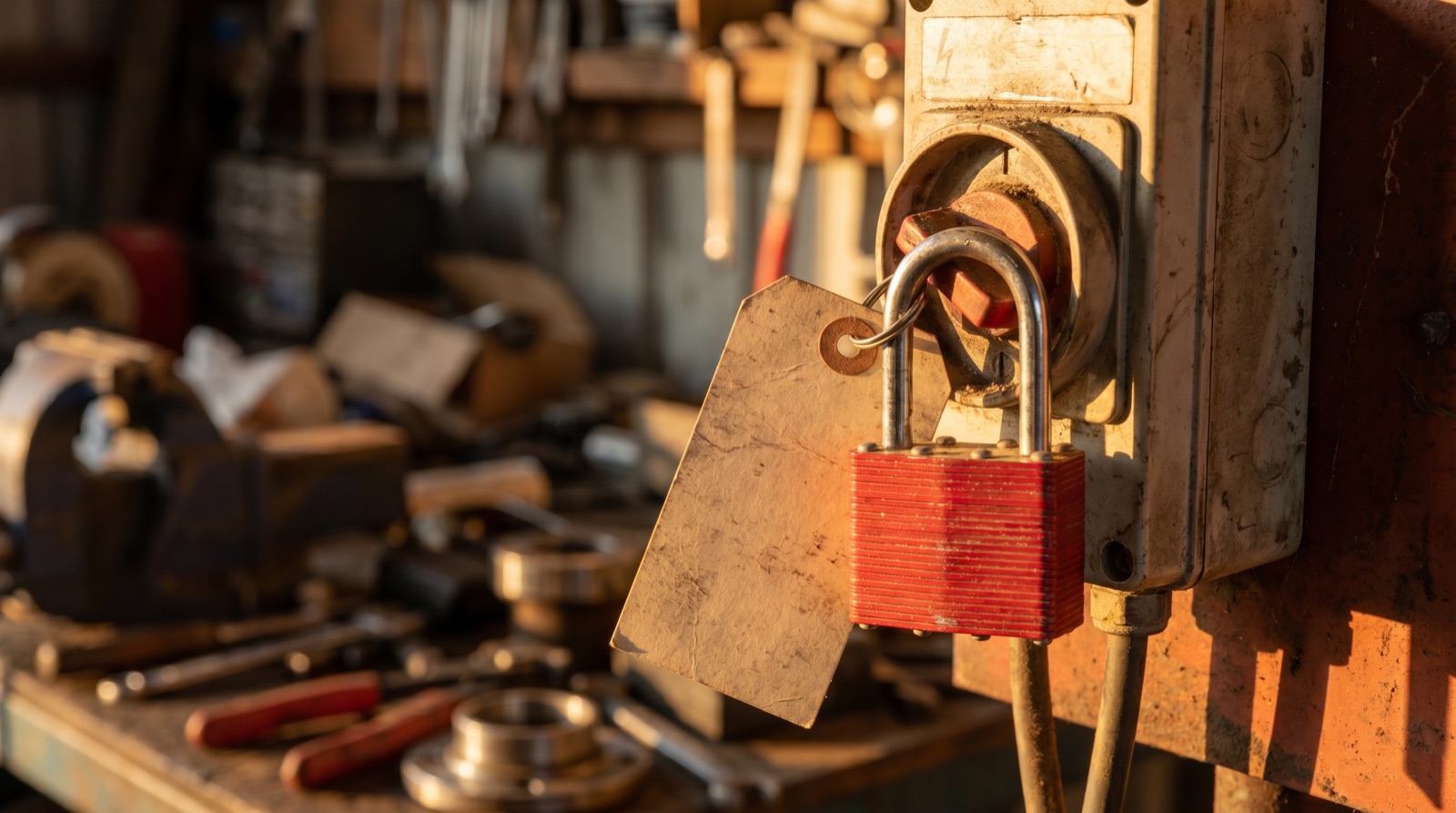 A red safety padlock and Do Not Operate tag fitted to the isolation switch of farm machinery