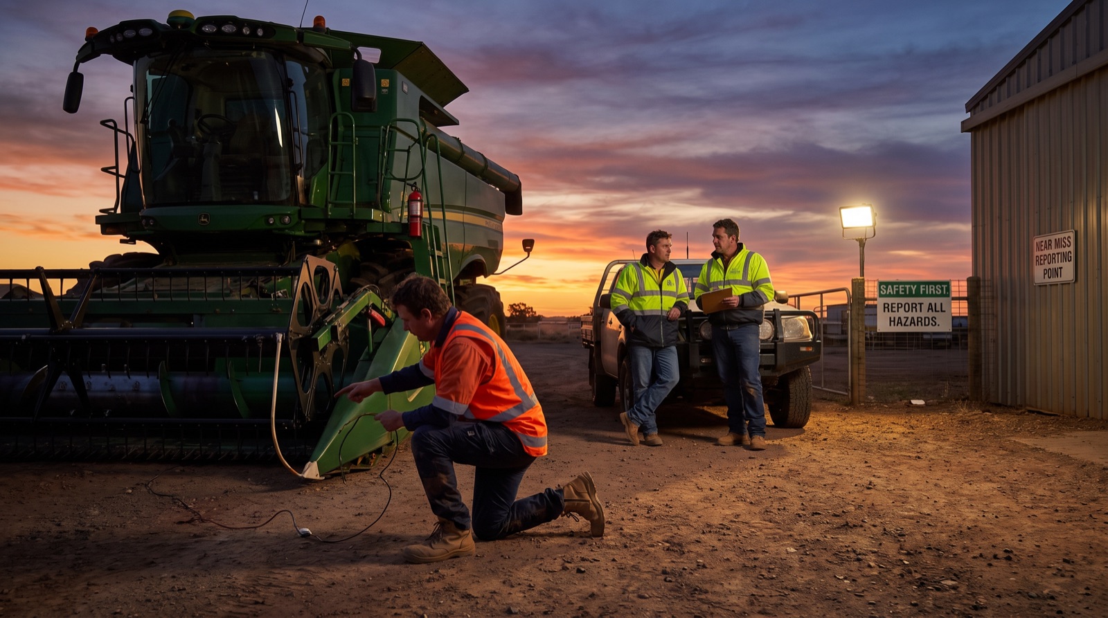 Farmer in protective gear carrying out a safety check near a tractor in an Australian field