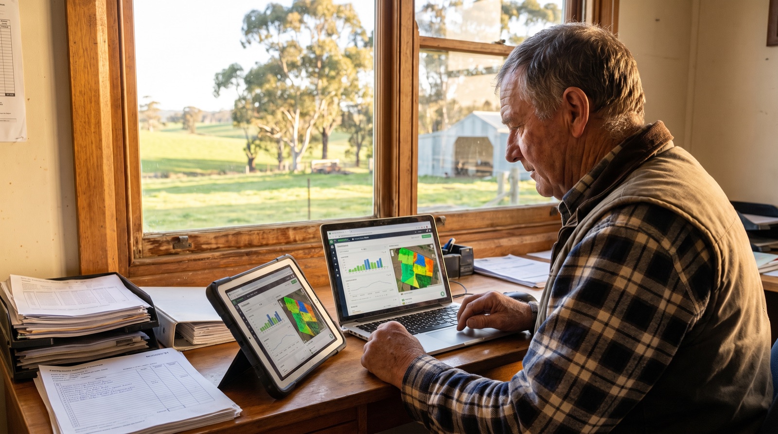 A farmer reviewing farm management software on a tablet in a paddock
