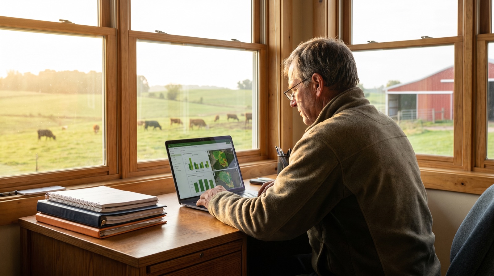 Farm manager reviewing consolidated farm reports on a laptop in a farm office