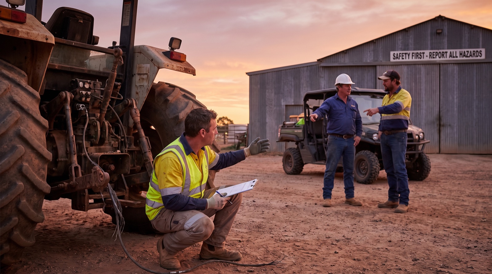 Farm worker pausing to photograph a machinery hazard on a mobile phone in a shed