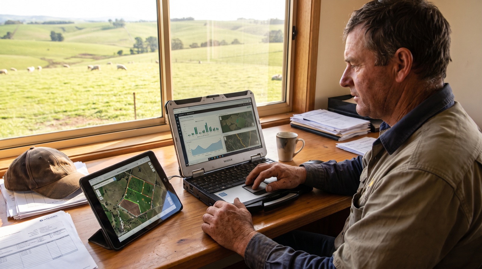 An Australian farmer using agricultural software on a phone beside livestock