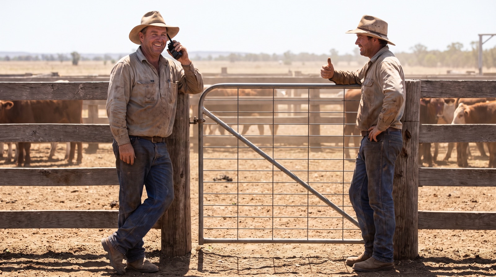 A lone farm worker in a remote field wearing a satellite personal locator device