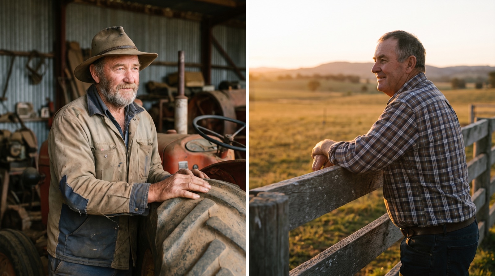 A lone farmer standing beside a tractor at dusk in a vast remote Australian paddock