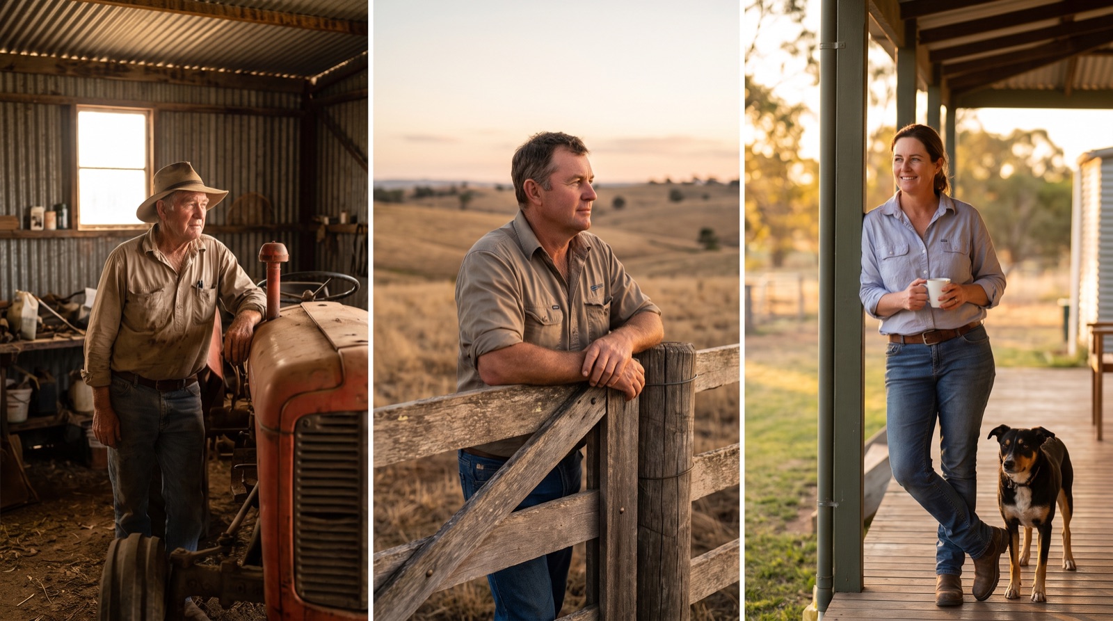 Tired farm worker resting against farm machinery at dusk