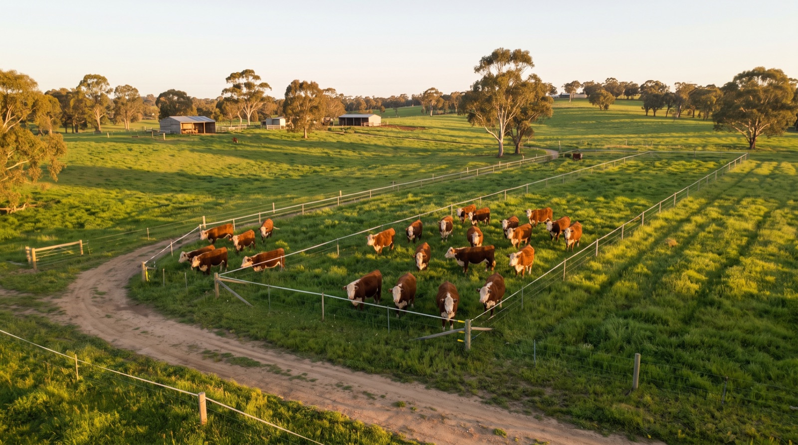 Cattle grazing in a fenced paddock as part of a rotational grazing system on green pasture