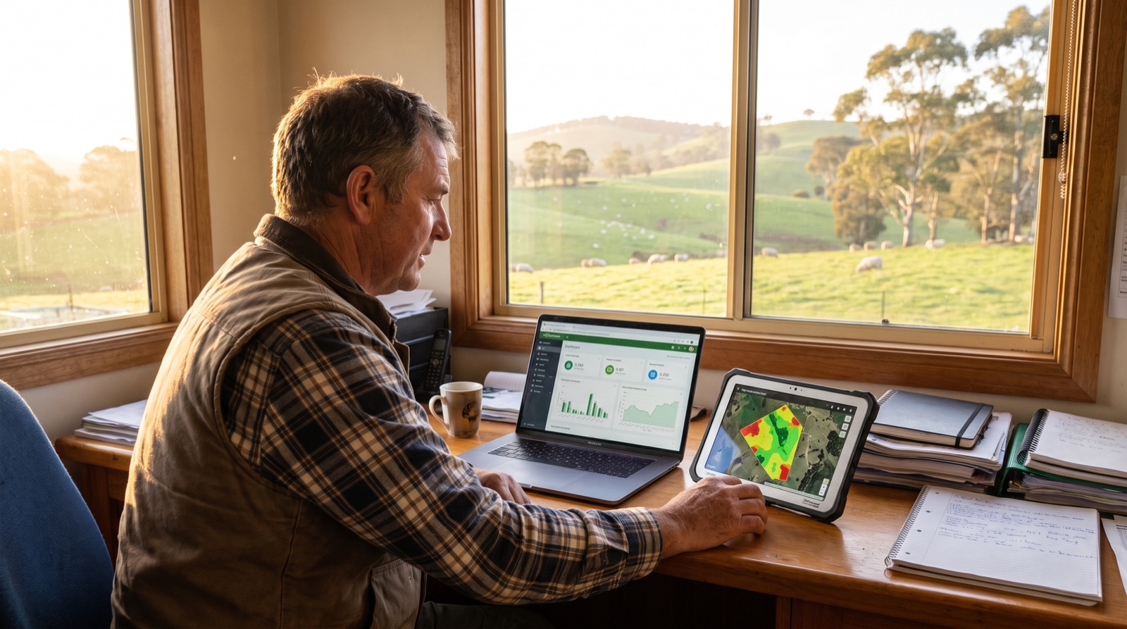Farmer reviewing agricultural software with a digital farm map on a tablet in the field