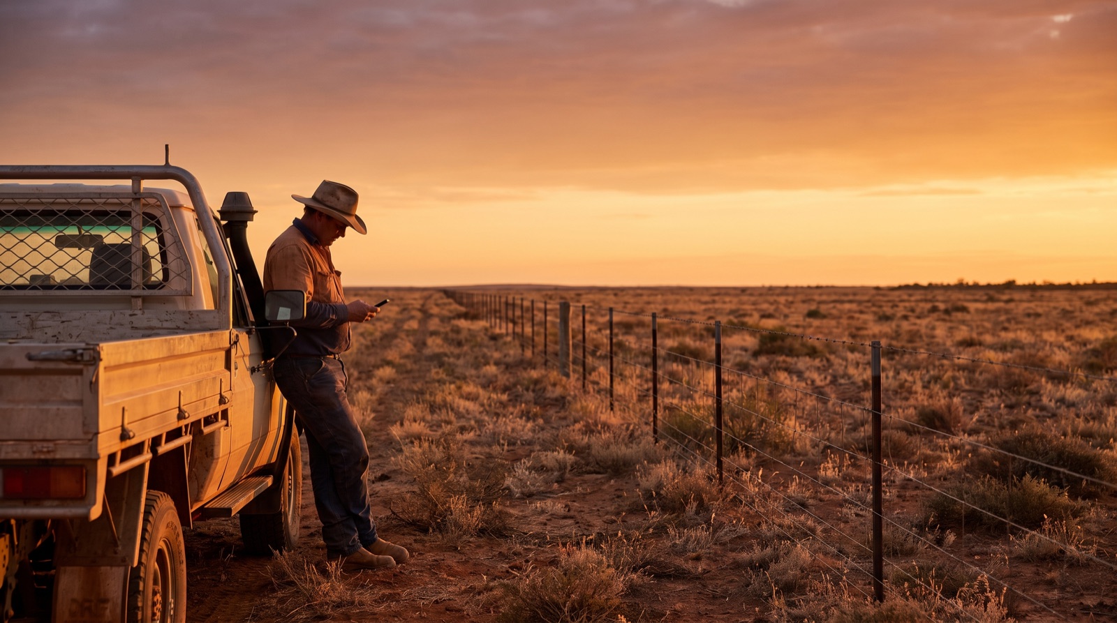 A lone farmer working in a remote paddock at sunrise
