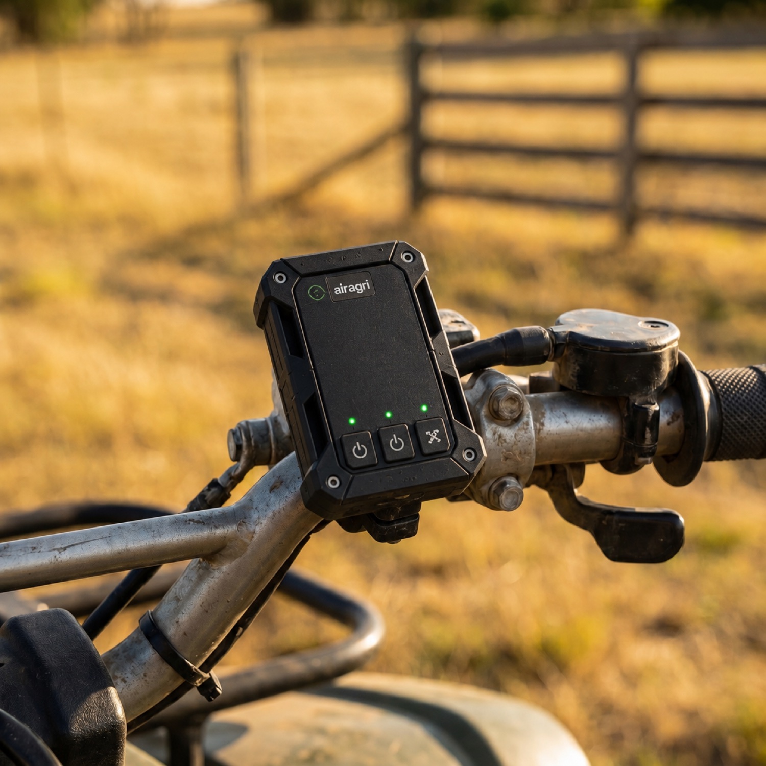 IoT sensor device mounted on farm machinery transmitting location data across a rural property
