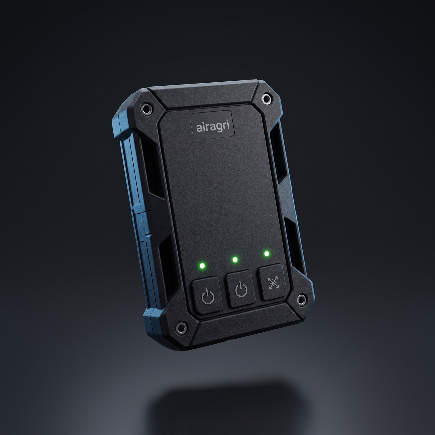 A rugged compact satellite GPS tracker with a glowing green status light on a dark studio background.