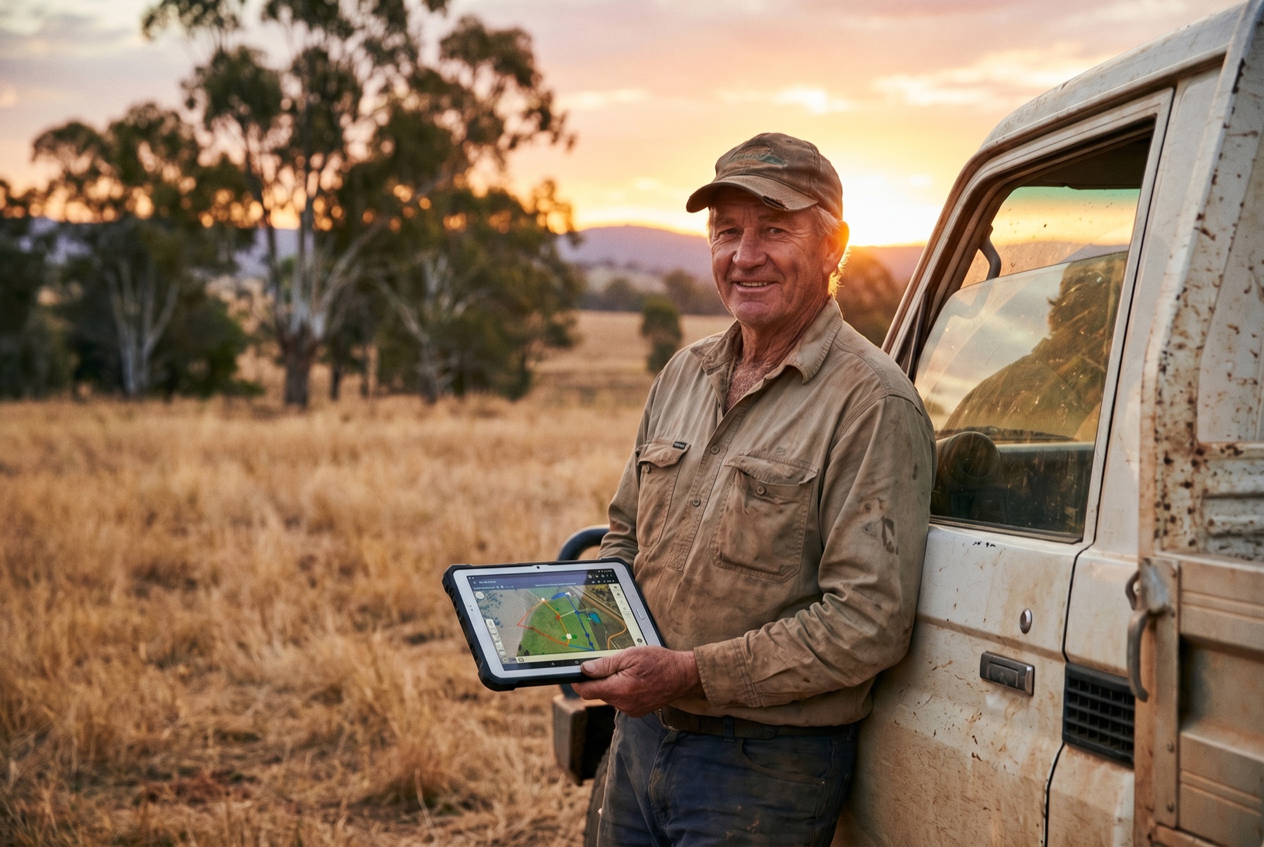 A friendly Australian farmer holding a tablet at sunset.