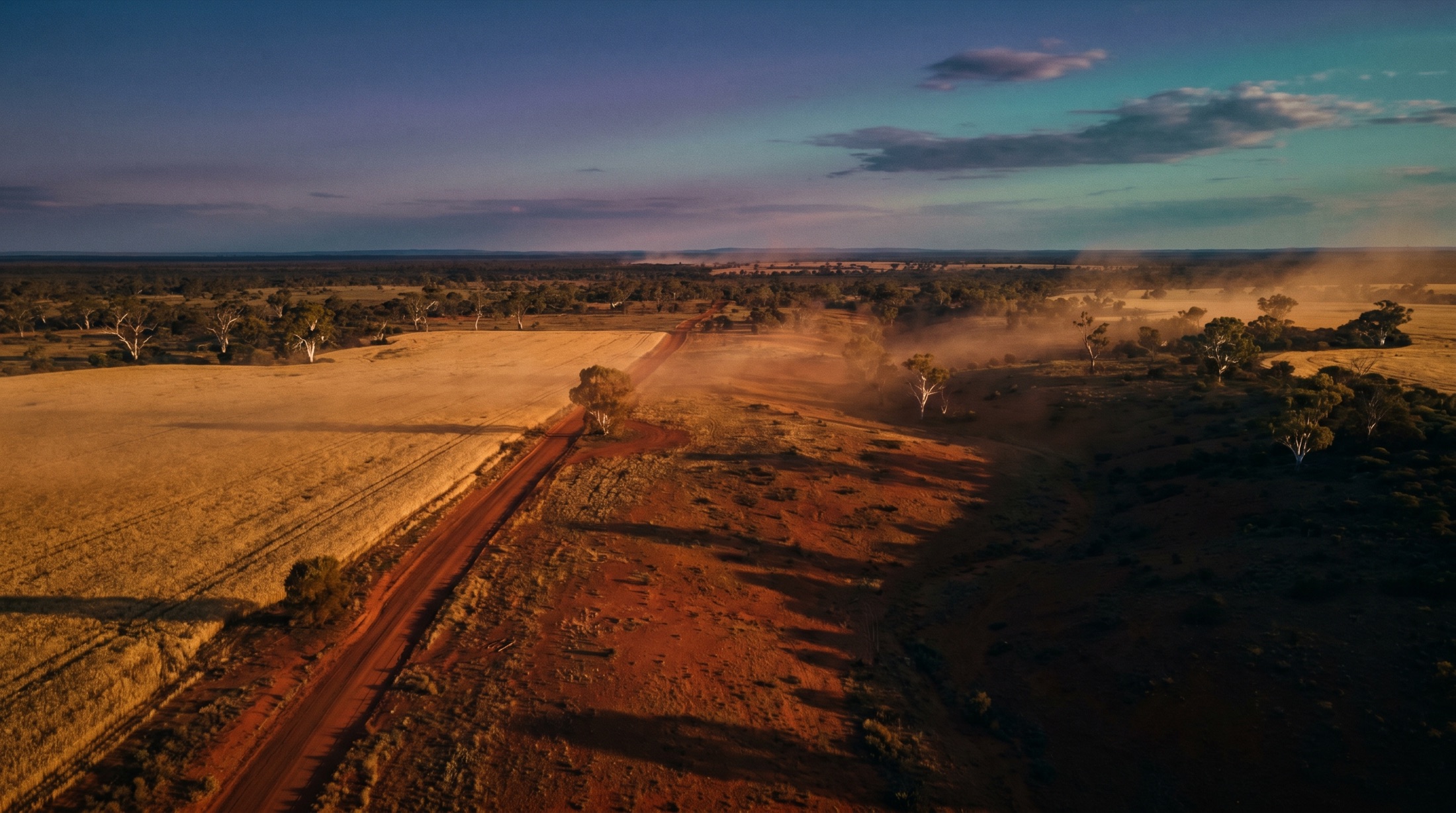 Golden-hour aerial over an Australian farm.