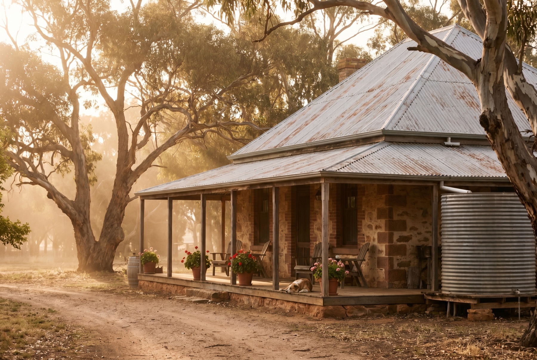 An Australian farm homestead at golden hour.