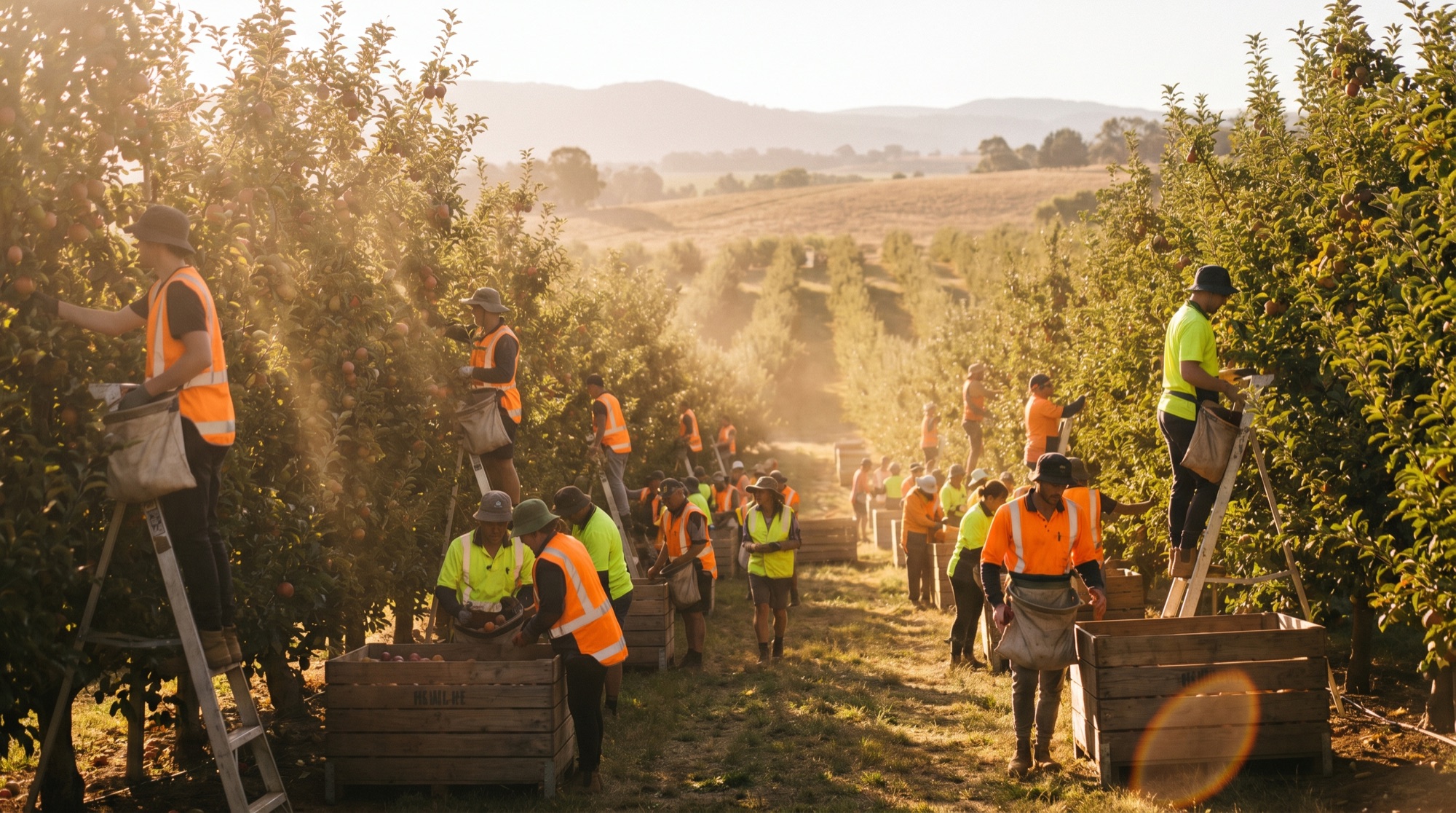 Seasonal workers picking fruit in a large Australian orchard at golden hour.
