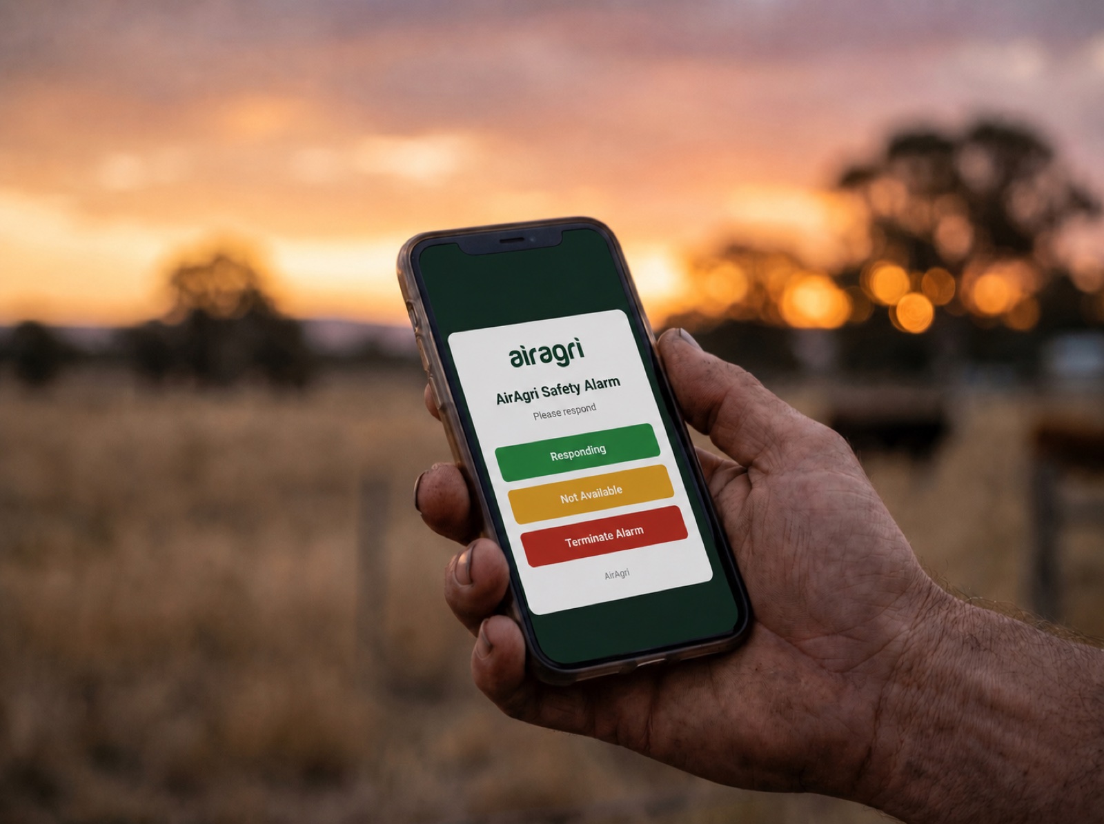 A rugged Bush Beacon personal safety device clipped to a farmer working alone in a remote paddock