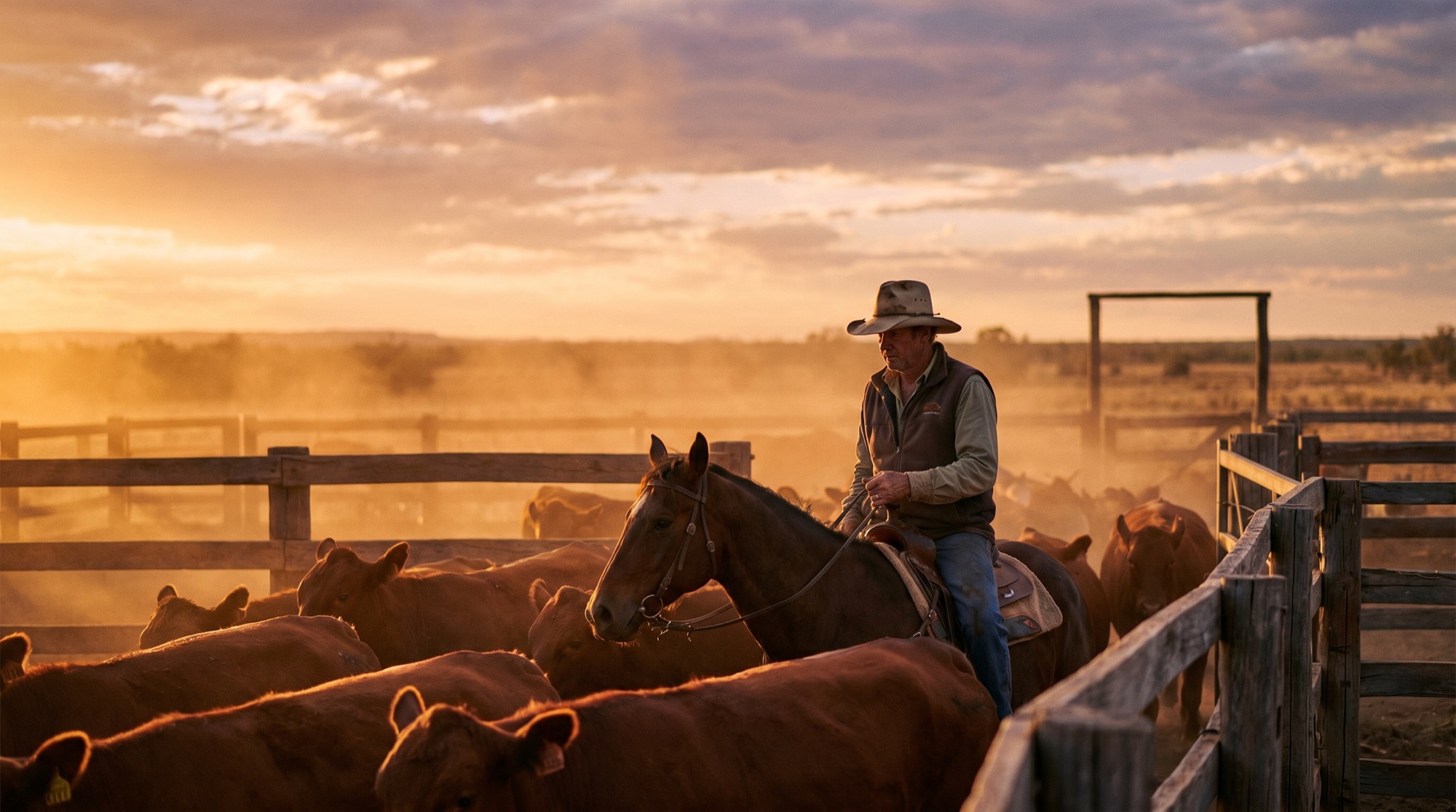 Stockperson calmly moving cattle through a set of steel yards